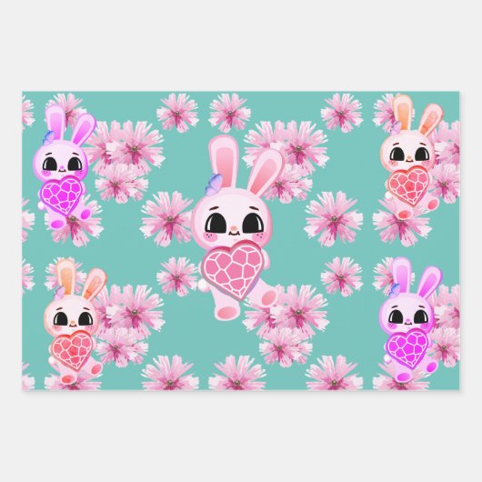 Floral cute pink rabbit easter inpakpapier vel (Voorkant 2)