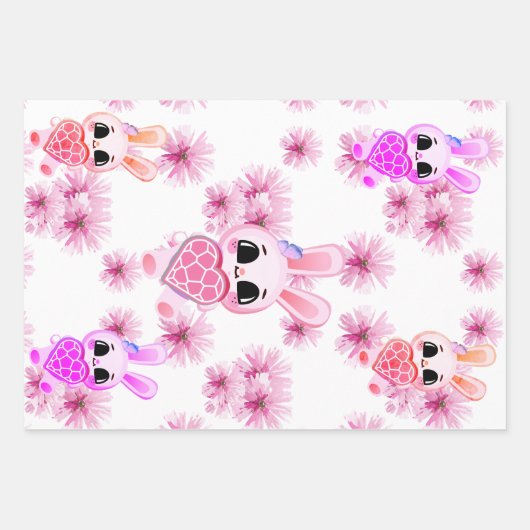 Floral cute pink rabbit easter inpakpapier vel (Voorkant)