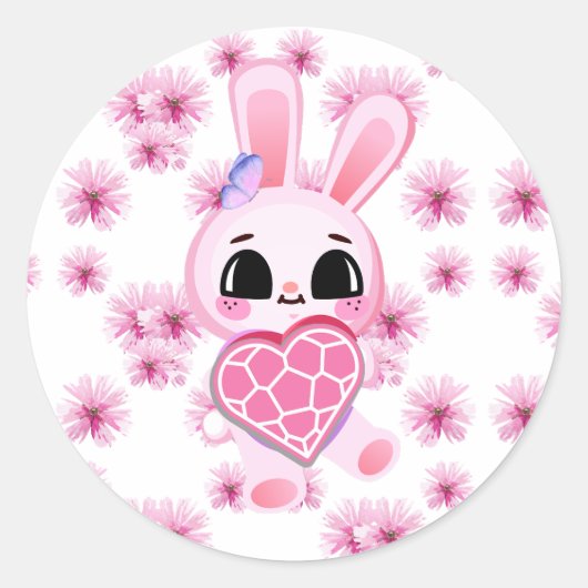 Floral cute pink rabbit easter ronde sticker (Voorkant)