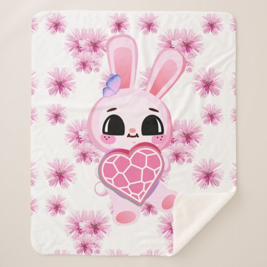 Floral cute pink rabbit easter sherpa deken (Voorkant)