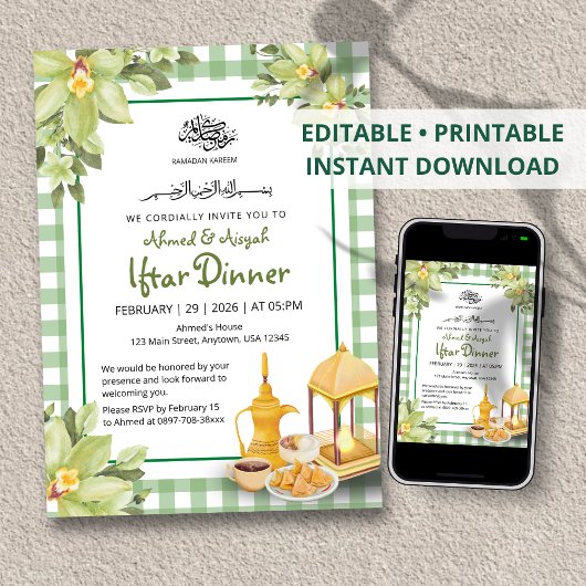Floral Cute Sage Green Gingham Ramadan Iftar Kaart