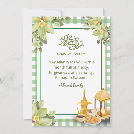 Floral Cute Sage Green Gingham Ramadan Iftar Kaart (Achterkant)