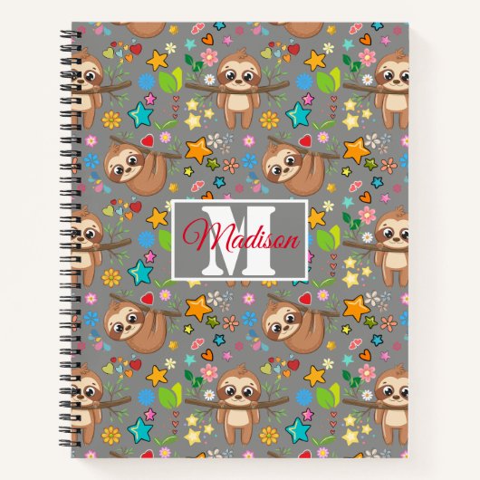 Floral Cute Sloth Pattern | Moderne monogrammen Notitieboek (Voorkant)