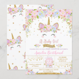 Floral Cute Unicorn Baby shower Invitation Girl Kaart