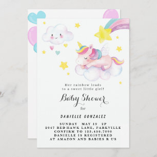 Floral Cute Unicorn Baby shower Invitation Girl Kaart