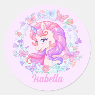 Floral Cute Unicorn Butterfly Persoonlijke naam Ronde Sticker