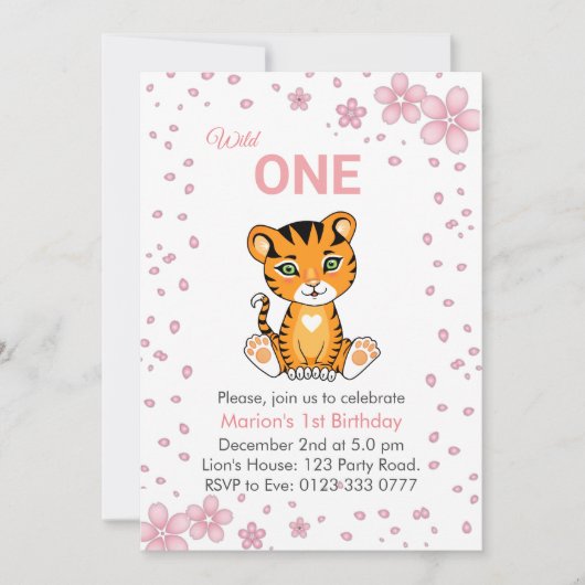Floral Cute Wild One Tiger 1e verjaardag uitnodigi Kaart (Voorkant)