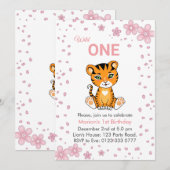 Floral Cute Wild One Tiger 1e verjaardag uitnodigi Kaart (Voorkant / Achterkant)