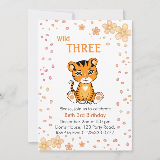 Floral Cute Wild Three Tiger 3rd Birthday Kaart (Voorkant)