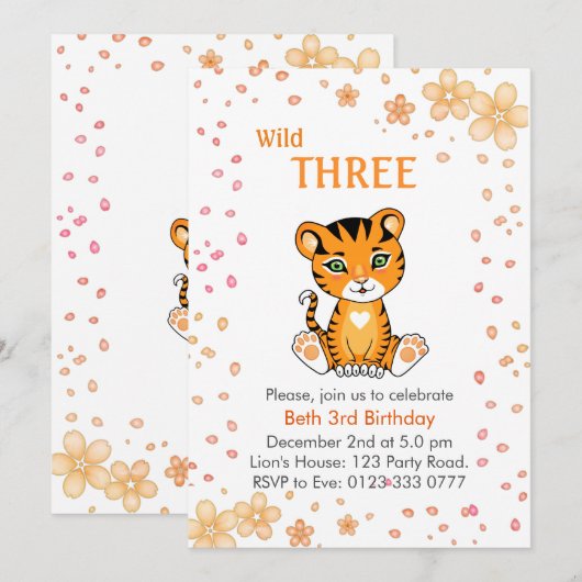 Floral Cute Wild Three Tiger 3rd Birthday Kaart (Voorkant / Achterkant)