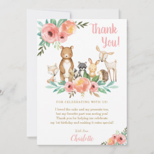 Floral Cute Woodland Animals Girl Birthday Party Bedankkaart