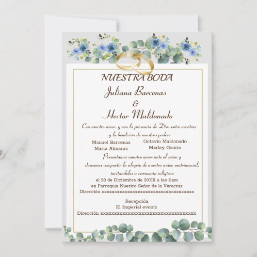 FLORAL CYAN BLUE NUESTRA BODA KAART (Voorkant)