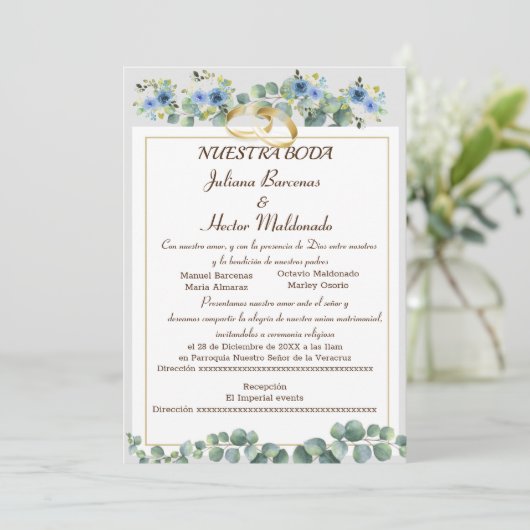 FLORAL CYAN BLUE NUESTRA BODA KAART (Staand voorkant)