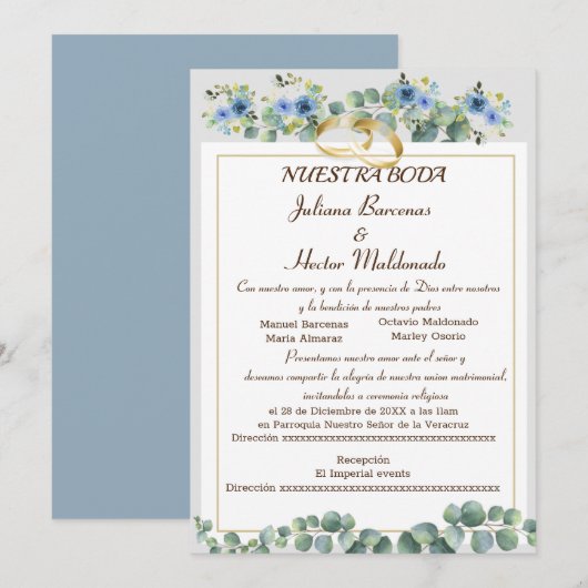 FLORAL CYAN BLUE NUESTRA BODA KAART (Voorkant / Achterkant)
