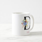 Floral D Monogram Name Black Polka Dot Coffee Mug Koffiemok (Voorkant rechts)