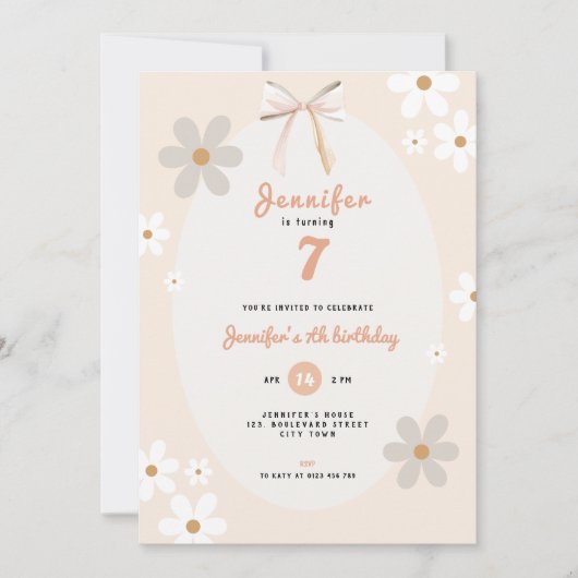 Floral Daisy 7th Birthday Invitation for Girls Kaart (Voorkant)
