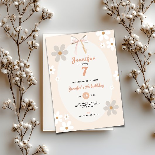Floral Daisy 7th Birthday Invitation for Girls Kaart