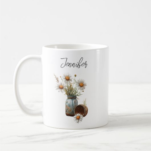 Floral Daisy April Geboorte Bloem Rustieke Koffie  Koffiemok (Links)