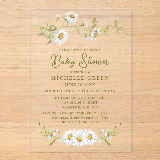 Floral Daisy Garden Botanical Baby Shower Acryl Uitnodigingen (Voorkant)