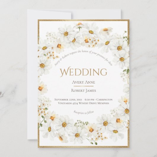 Floral Daisy krans gouden bruiloft uitnodiging (Voorkant)