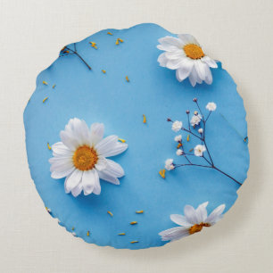 Floral Daisy Pattern - Lichtblauw Rond Kussen
