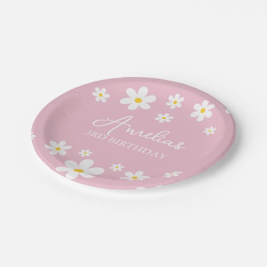Floral Daisy Verjaardag Roze Papier Bord (Gekanteld)