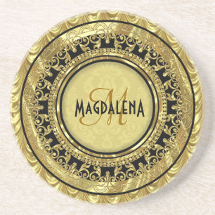 Floral Damascus-monogram, zwart en goud Zandsteen Onderzetter