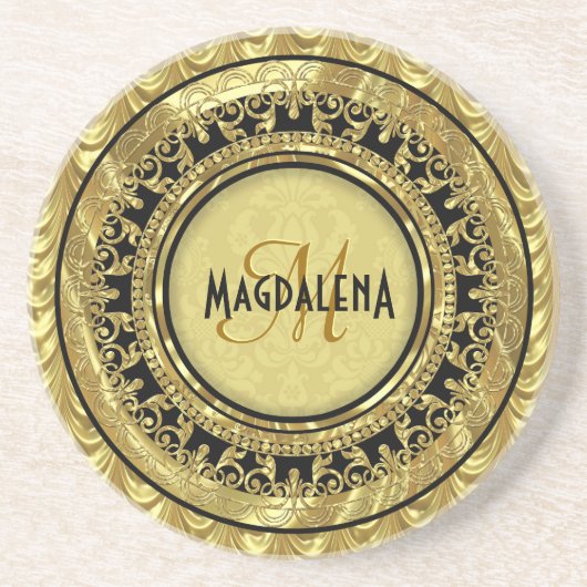 Floral Damascus-monogram, zwart en goud Zandsteen Onderzetter (Voorkant)