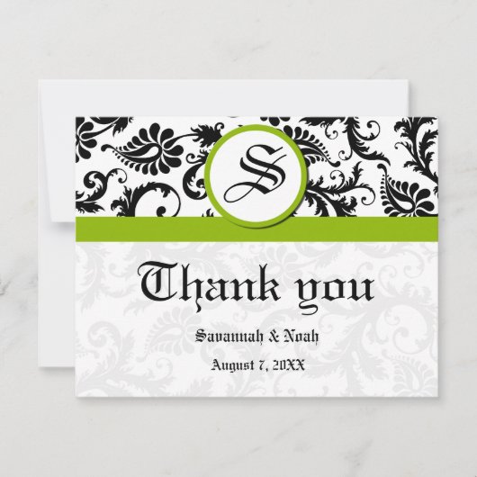 Floral Damask Black en White met Green Trim Bedankkaart (Voorkant)