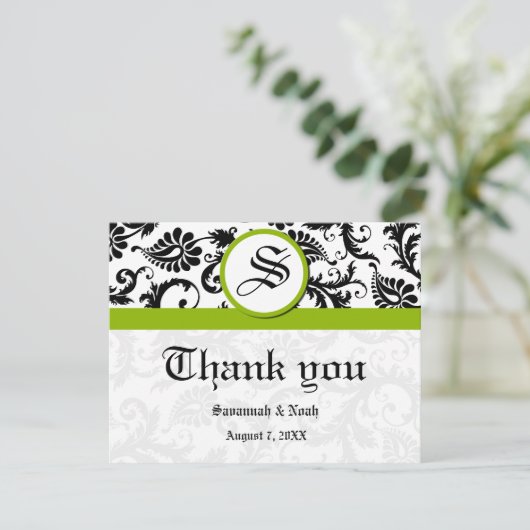 Floral Damask Black en White met Green Trim Bedankkaart (Staand voorkant)