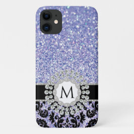 Floral Damask Bling Glitter Blue Silver Monogram Case-Mate iPhone Case