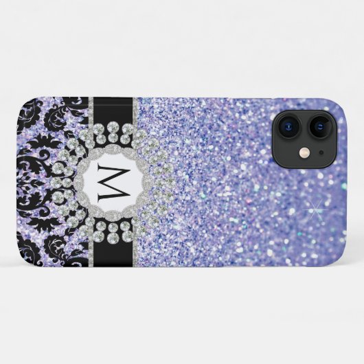 Floral Damask Bling Glitter Blue Silver Monogram Case-Mate iPhone Case (Achterkant (horizontaal))