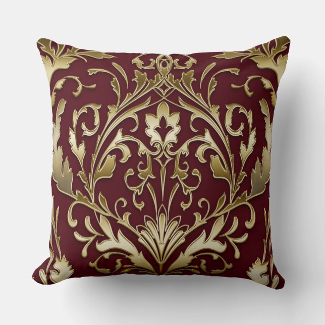 Floral damask Bourgogne en goud, elegant,  Kussen (Voorkant)