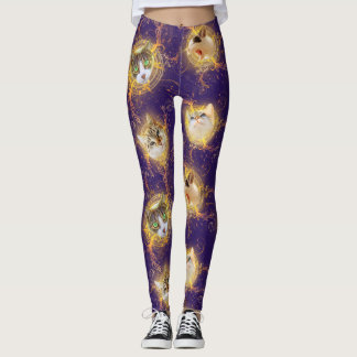 Floral Damask Cute Kitty Cat - Royal Paars Leggings