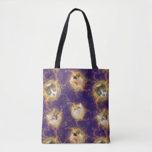 Floral Damask Cute Kitty Cat - Royal Paars Tote Bag