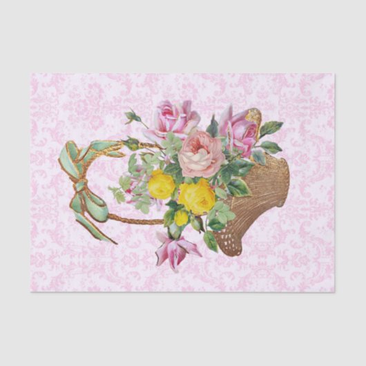 Floral Damask en roze rozen in mand Craft Tissuepapier (Voorkant)