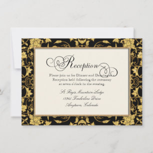 Floral Damask Gold Black Reception Wedding Invite Kaart