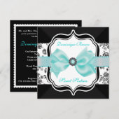 Floral Damask Invite met Blauwgroen Bow Kaart (Voorkant / Achterkant)
