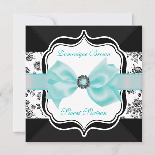Floral Damask Invite met Blauwgroen Bow Kaart (Voorkant)
