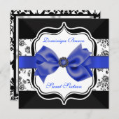Floral Damask Invite met Blue Bow Kaart (Voorkant / Achterkant)