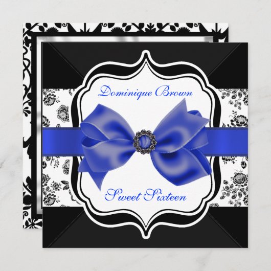 Floral Damask Invite met Blue Bow Kaart (Voorkant / Achterkant)