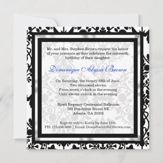 Floral Damask Invite met Blue Bow Kaart (Achterkant)