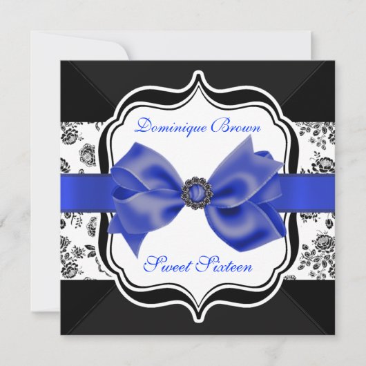 Floral Damask Invite met Blue Bow Kaart (Voorkant)