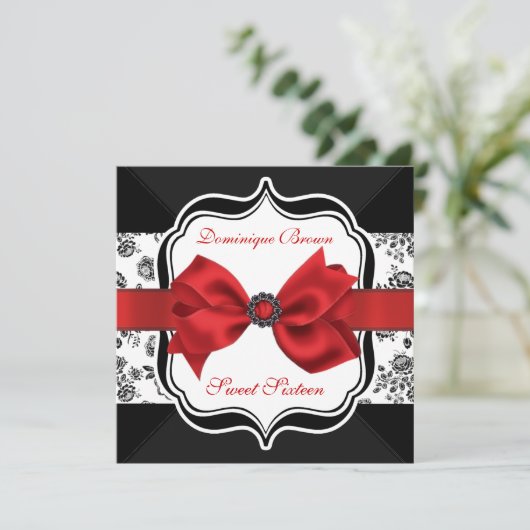 Floral Damask Invite met Red Bow Kaart (Staand voorkant)