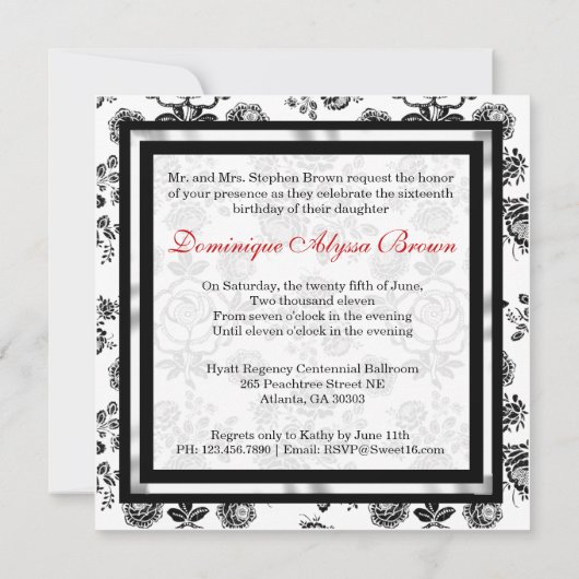 Floral Damask Invite met Red Bow Kaart (Achterkant)