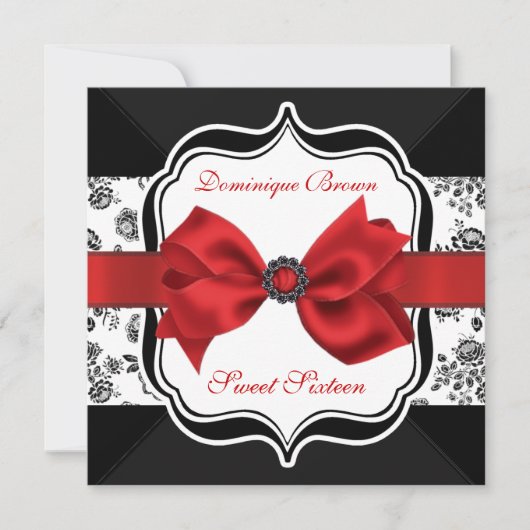 Floral Damask Invite met Red Bow Kaart (Voorkant)