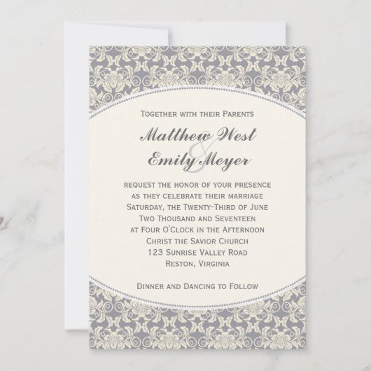 Floral Damask Lace Wedding Invitation Kaart (Voorkant)