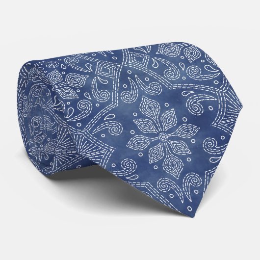 Floral Damask Line Art op Denim Blue Stropdas (Opgerold)