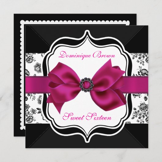 Floral Damask nodigt uit met roze Bow Kaart (Voorkant / Achterkant)