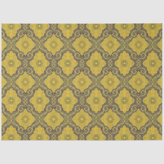 Floral Damask Pattern Yellow Flowers Husk Brown Tissuepapier (Voorkant)